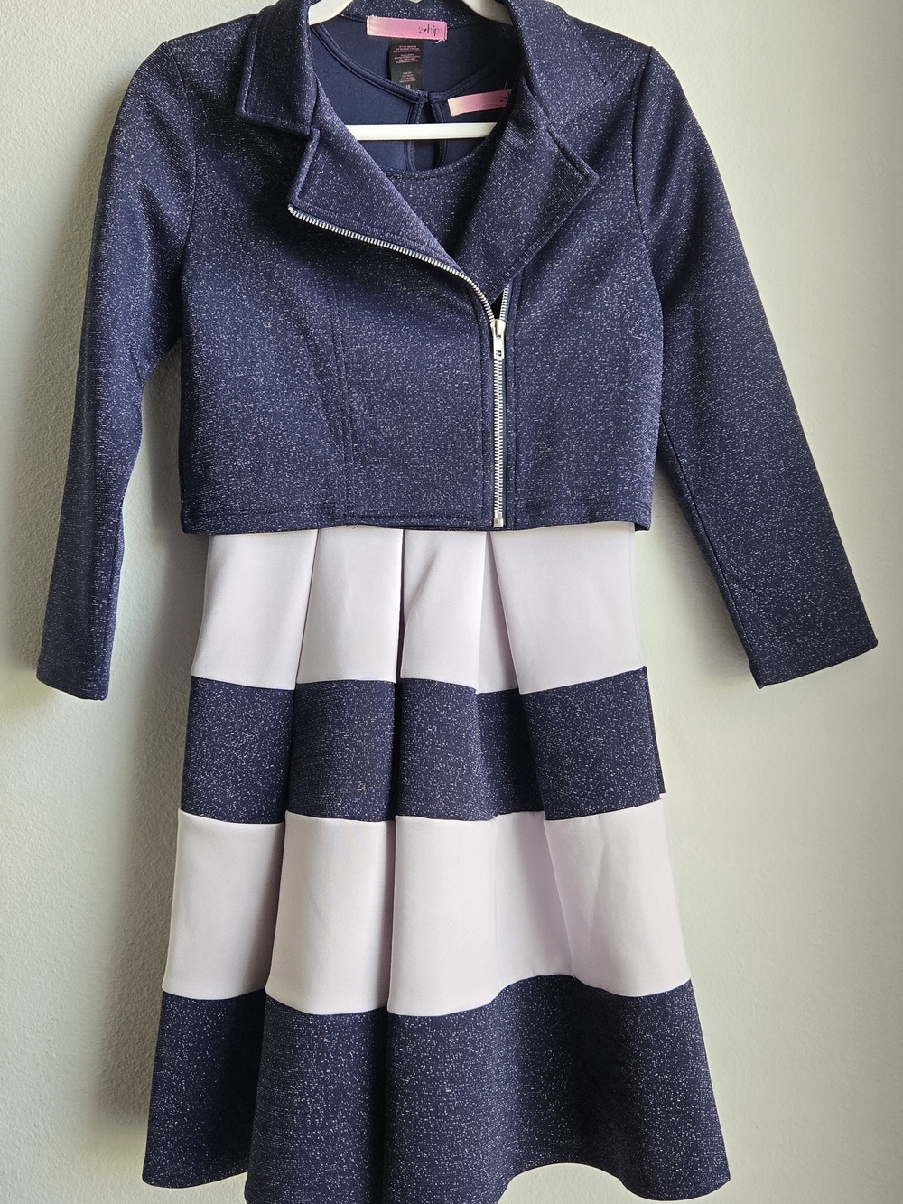 2 Hip - Girl's Navy White Sparkle Cropped Jacket & Striped Dress Set, Sz 16